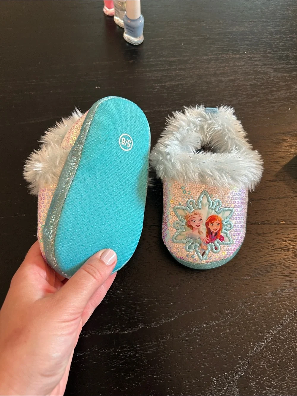 Disney Frozen Girls Sequin Faux Fur Slippers - Light Blue, Pink, Silver